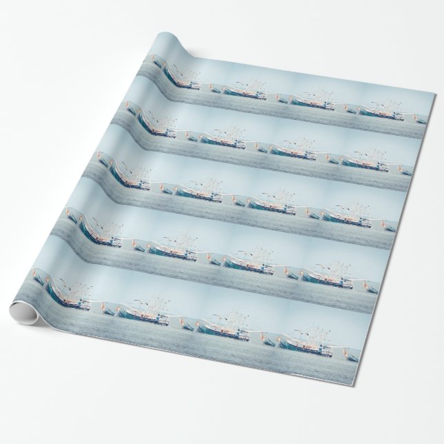 Papier Cadeau Bateau bleu de crevette sur l'océan (Déroulé)