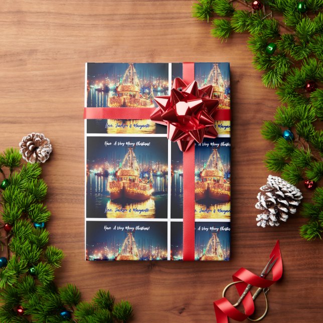 Papier Cadeau Bateau de Noël avec lumières dorées (Cadeau de vacances)