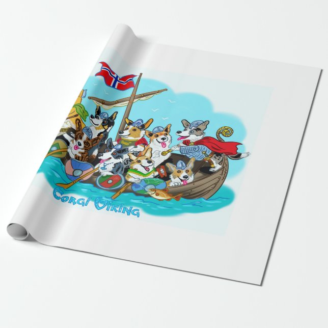 Papier Cadeau Bateau viking rempli de Corgis (Déroulé)