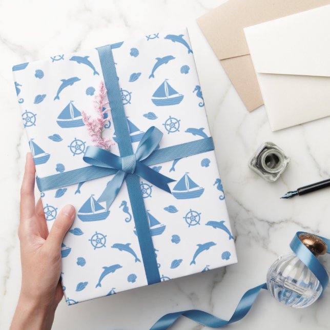 Papier Cadeau Bateaux et dauphins Motif nautique Bleu blanc (Cadeaux)
