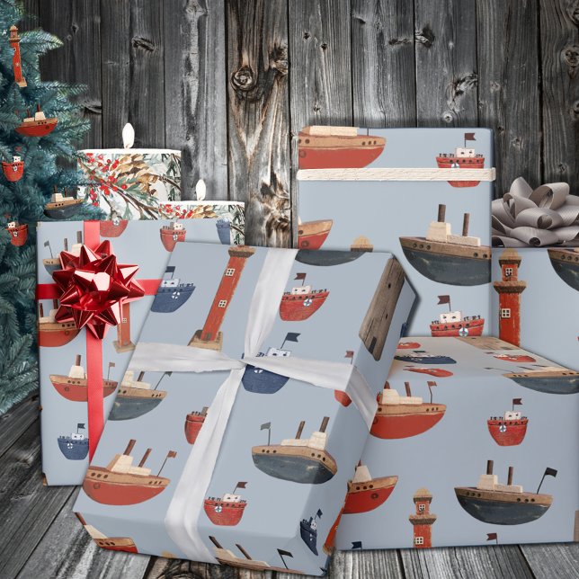 Papier Cadeau Bateaux et phares en bois peint 2 (Painted Wooden Boats & Lighthouses 2 Wrapping Paper in 6 & 15 foot long 30 inch wide rolls)