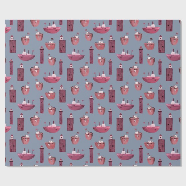 Papier Cadeau Bateaux roses et phares en bois Dusty Blue (Plat)