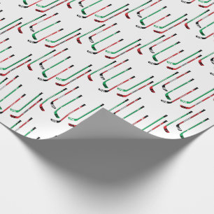 Papier Cadeau Bâtons de hockey rouge et vert de Noël