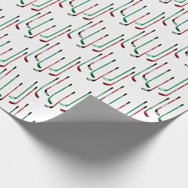 Papier Cadeau Bâtons de hockey rouge et vert de Noël (Coin)