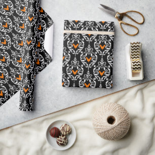Papier Cadeau Bats d'Halloween noirs blancs et orange damés