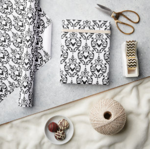 Papier Cadeau Bats d'Halloween noirs et blancs Damas