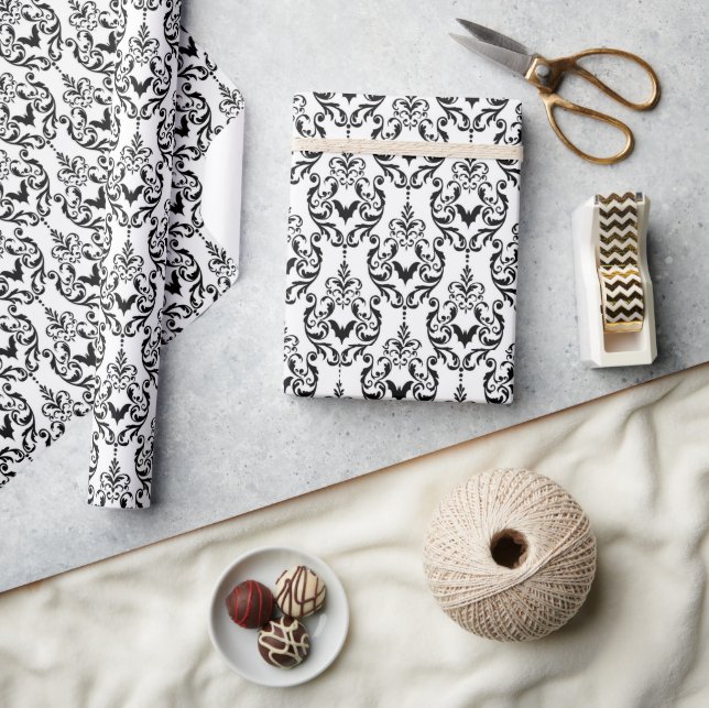 Papier Cadeau Bats d'Halloween noirs et blancs Damas (Artisanat)