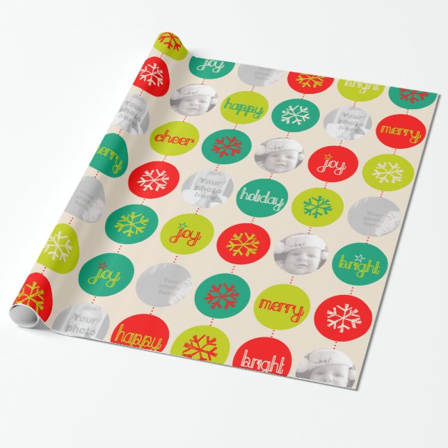 Papier Cadeau Bauble rouge vert neutre motif photo de Noël (Déroulé)