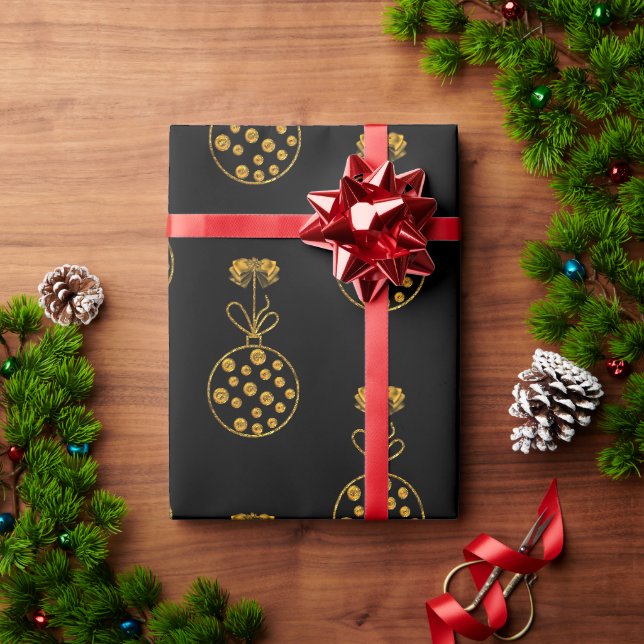 Papier Cadeau Baubles de Noël d'or en noir (Cadeau de vacances)