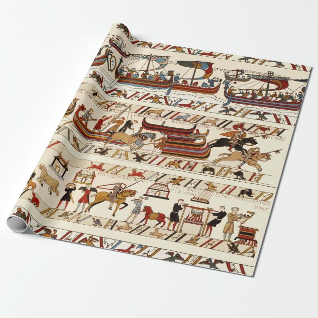 PAPIER CADEAU BAYEUX TAPESTRY 1066, CHEVALIERS NORMAUX, NAVIRES  (Déroulé)