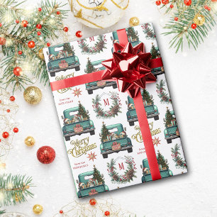 Papier Cadeau Beagle Chien Retro Camion Monogramme Noël