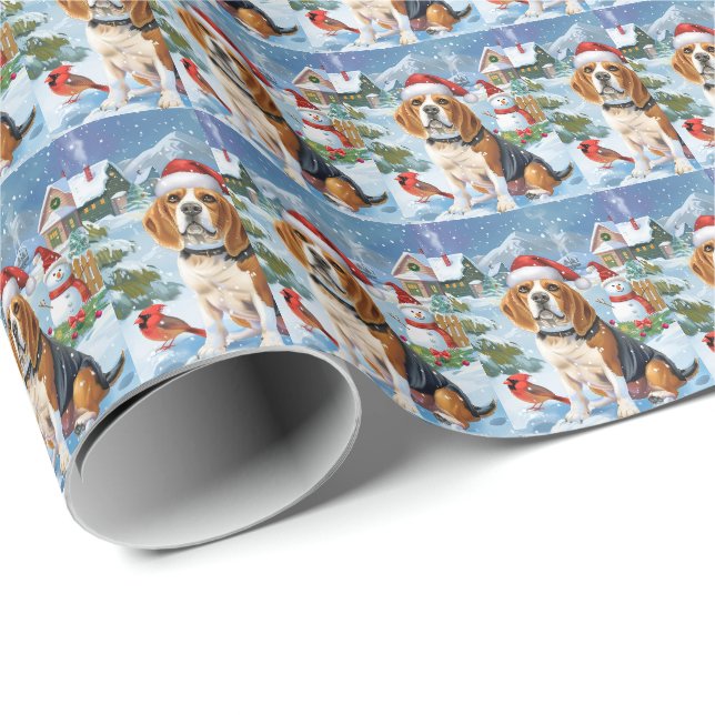 Papier Cadeau Beagle Chien Winter Wonderland Noël Joie (Coin rond)