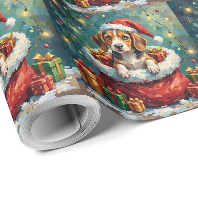 Papier Cadeau Beagle Christmas Santa Bag Adventure (Coin rond)