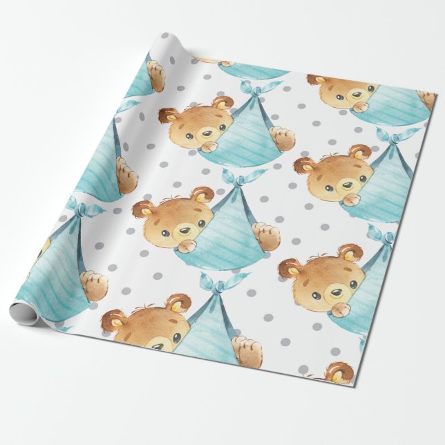 Papier Cadeau Bear Cub Cute Nursery Baby Boy Gift New Born (Déroulé)