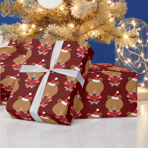 Papier Cadeau Bear Santa Hat Bourgogne Noël Vacances Enveloppem
