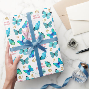 Papier Cadeau Beau Bleu Papillon Swirl Anniversaire