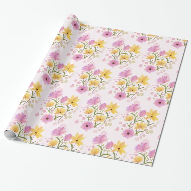 Papier Cadeau Beau Bouquet Floral Rose Jaune Aquarelle (Déroulé)