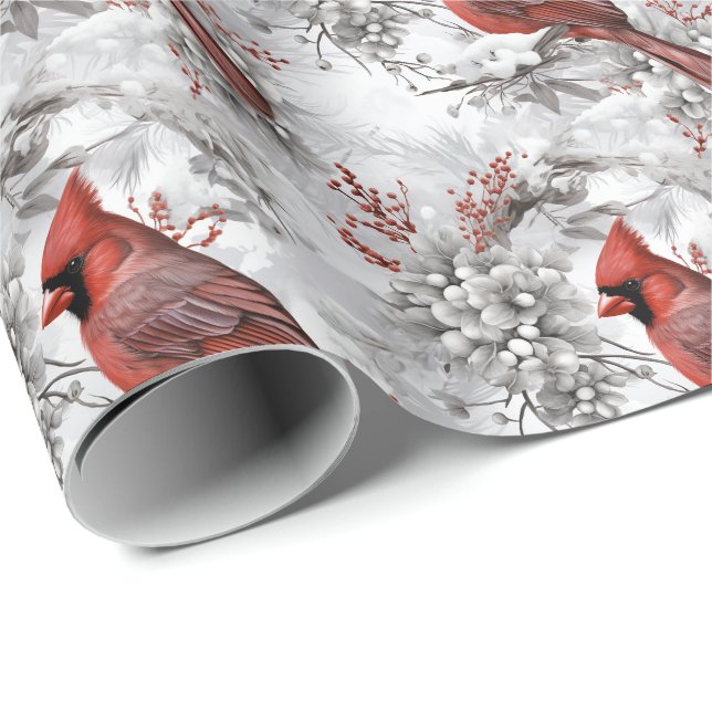Papier Cadeau Beau Cardinal Rouge sur la branche neige hiver (Coin rond)