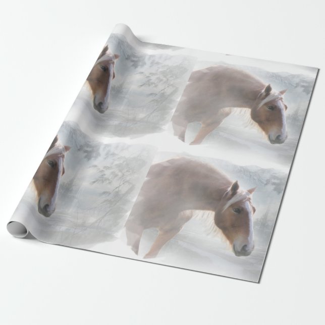 Papier Cadeau Beau Cheval dans la neige Enveloppement cadeau (Déroulé)