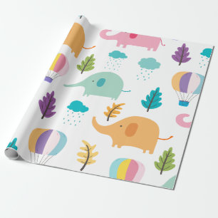 Papier Cadeau Beau dessin animé éléphants montgolfières et arbre