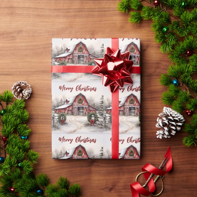 Papier Cadeau Beau hiver neigeux Rustic Red Grange Noël (Cadeau de vacances)