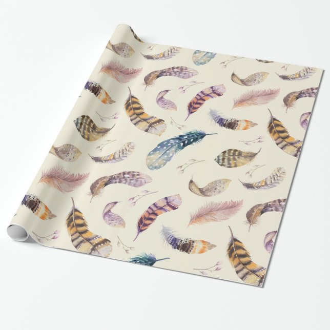 Papier Cadeau Beau motif de plumes d'aquarelle (Déroulé)