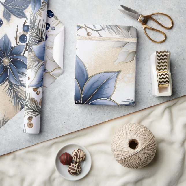 Papier Cadeau Beau Noël Bleu, Baies, Floral (Artisanat)