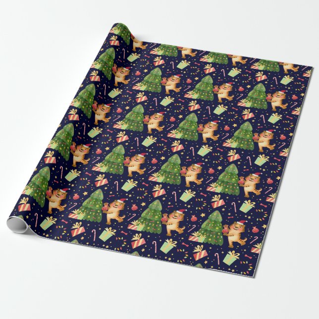 Papier Cadeau Beau Noël/Nouvel An Papier d'enveloppement de tigr (Déroulé)