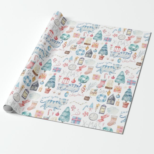 Papier Cadeau Beau Noël/Nouvel An Papier d'enveloppement de tigr (Déroulé)