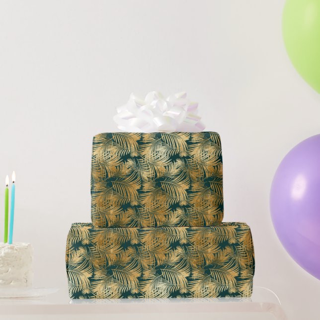 Papier Cadeau Beau or et Turquoise Feuilles tropicaux (Cadeaux de fête)