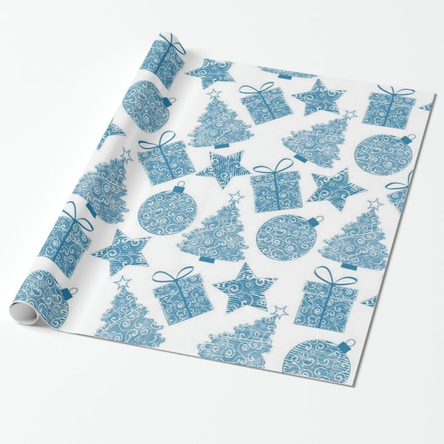 Papier Cadeau Beau papier d'enveloppement de Noël bleu et blanc (Déroulé)