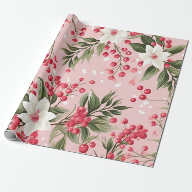 Papier Cadeau Beau papier floral de Noël rose (Déroulé)