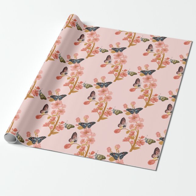 Papier Cadeau Beau Papillon rose Boho Motif Floral (Déroulé)