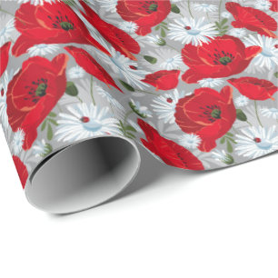 Papier Cadeau Beau pavot rouge, marguerites blanches et coccinel