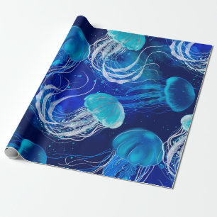 Papier Cadeau Beaucoup de méduses bleues nageant sous l'eau. Sea