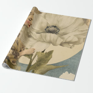 Papier Cadeau Beauté Lune - Femme avec Fleur Blanche et Lune