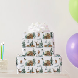 Papier Cadeau Beaux Animaux D'Hiver Autour D'Un Cabine Rustique