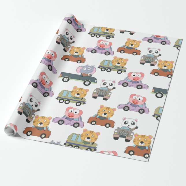 Papier Cadeau Beaux Animaux En Voitures Motif (Déroulé)