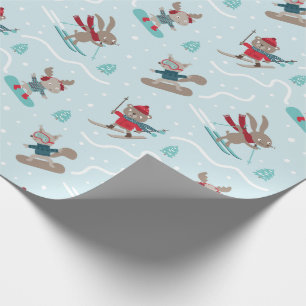 Papier Cadeau Beaux animaux Ski et snowboard sur bleu