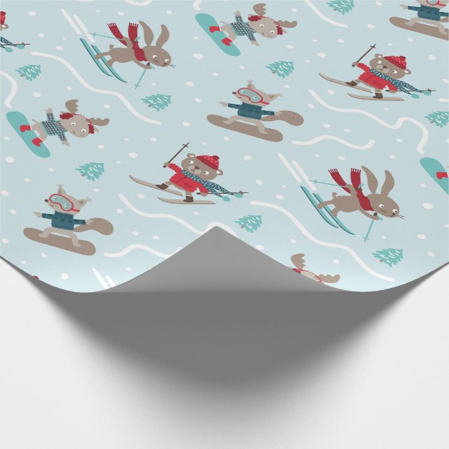 Papier Cadeau Beaux animaux Ski et snowboard sur bleu (Coin)