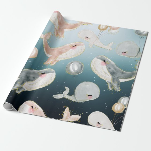 Papier Cadeau Beaux Baleines Aquarelles Dans La Mer Bleue (Déroulé)