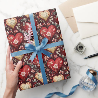 Papier Cadeau Beaux Coeurs et Fleurs Vintage