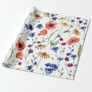 Papier Cadeau Beaux fleurs sauvages, aquarelle, pavot, fleur de
