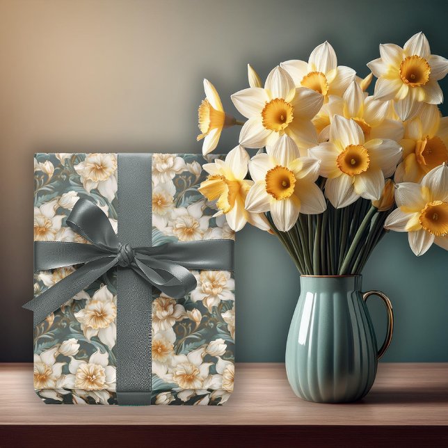 Papier Cadeau Beaux narcisses baroques à motif floral de printem (Beautiful Spring Baroque Daffodils Floral Seamless Pattern Wrapping Paper)