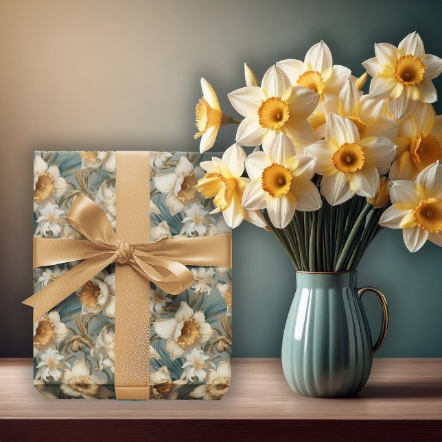 Papier Cadeau Beaux narcisses baroques de printemps Motif floral (Beautiful Spring Baroque Daffodils Floral Seamless Pattern Wrapping Paper)