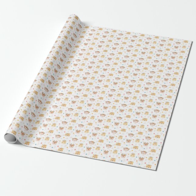 Papier Cadeau Bébé Animaux Singe Giraffe Garçon Baby shower fill (Déroulé)
