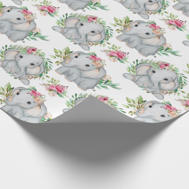 Papier Cadeau Bébé belle éléphant et fleurs Motif pour enfants (Coin)