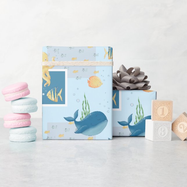 Papier Cadeau Bébé bleu Bébé bleu sous l'eau (Baby Shower)