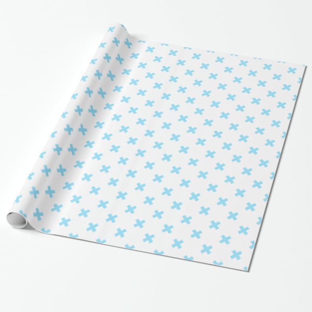Papier Cadeau Bébé bleu croix coutures sur blanc (Déroulé)