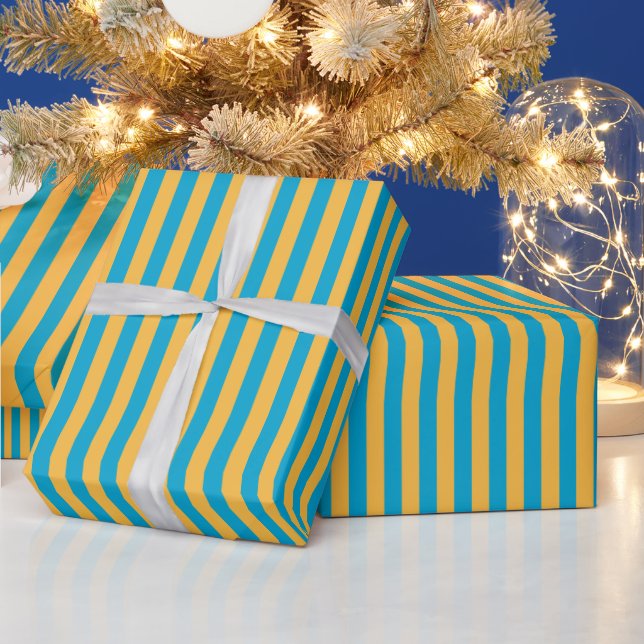 Papier Cadeau Bébé Bleu et Jaune Étroit rayures (Vacances)